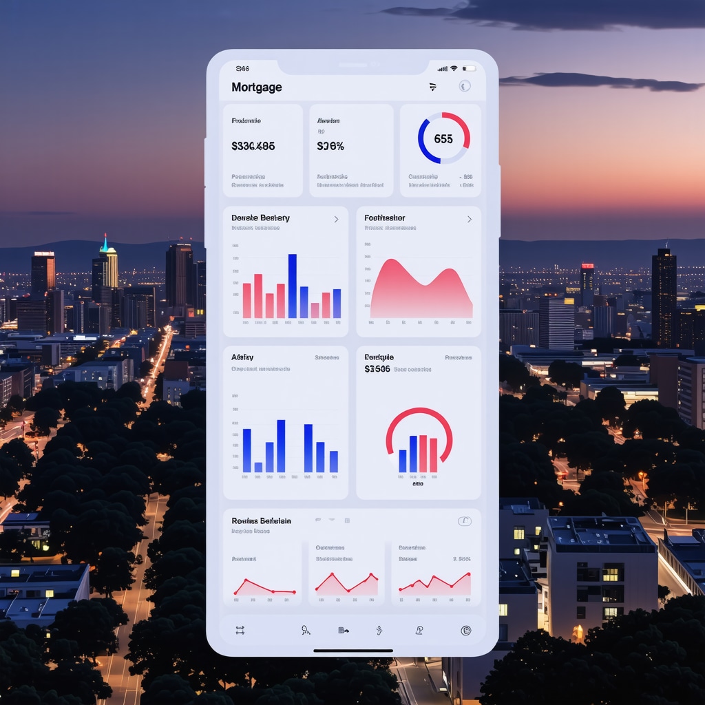 Futuristic mortgage refinancing analytics dashboard showing charts and graphs over Tennessee skyline