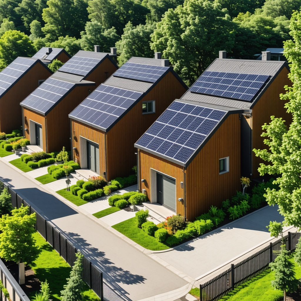 Row of energy-efficient homes with solar panels and green landscaping in Knoxville