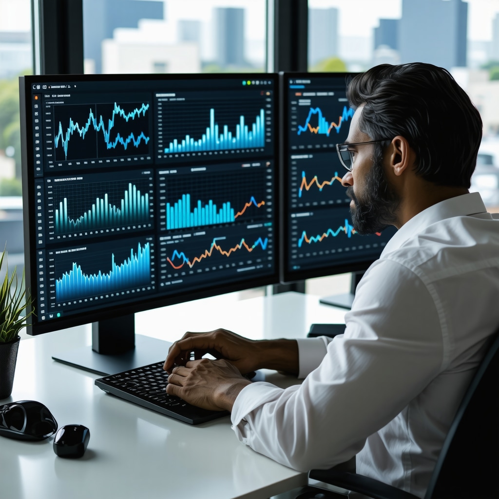 Financial analyst analyzing AI-driven mortgage market data and charts related to Tennessee investment properties