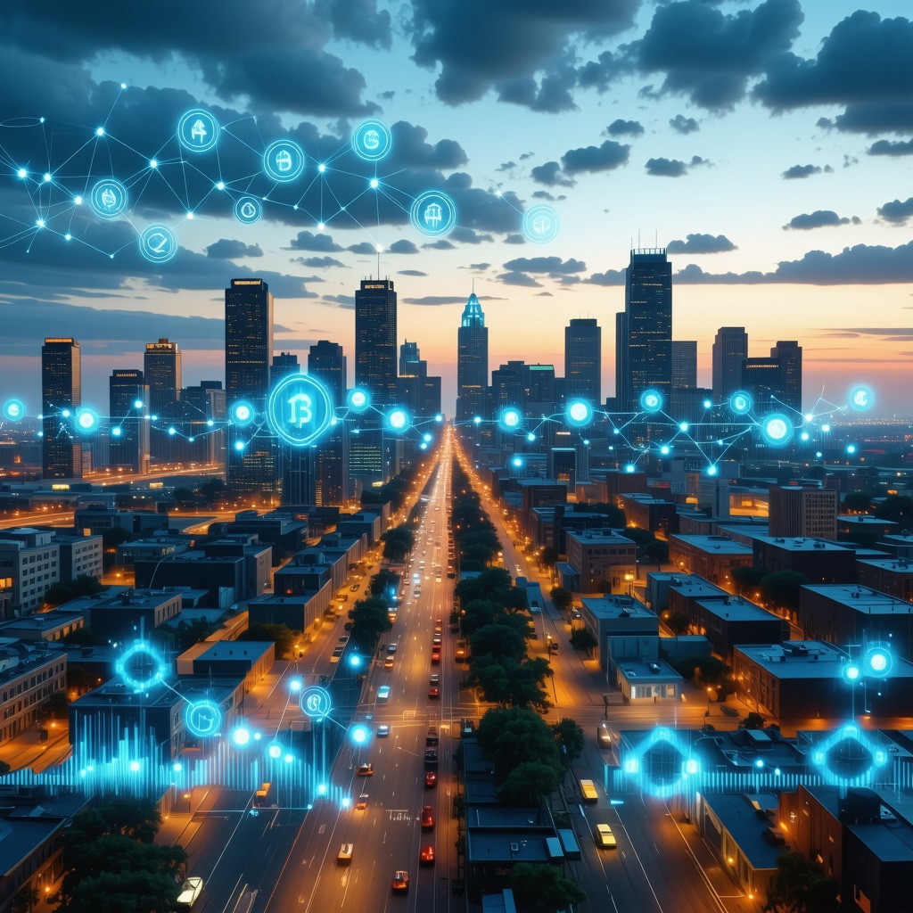 Digital illustration of Memphis city with AI, blockchain, and data analytics symbols representing advanced mortgage brokerage technologies