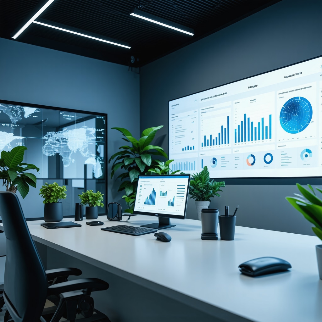 Mortgage brokerage office featuring blockchain technology and predictive analytics dashboards with graphs and data in Tennessee