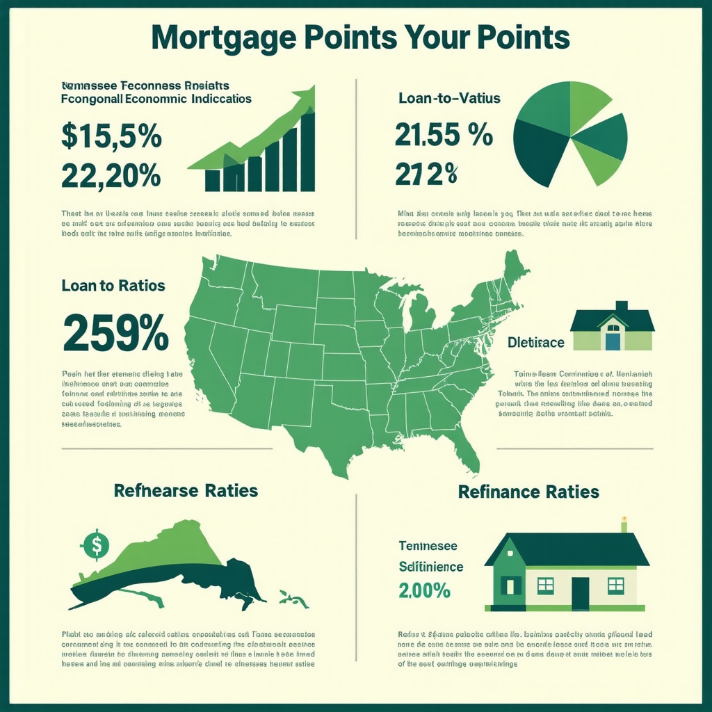 Infographic depicting mortgage points, loan-to-value ratios, and Tennessee economic indicators impacting refinance rates