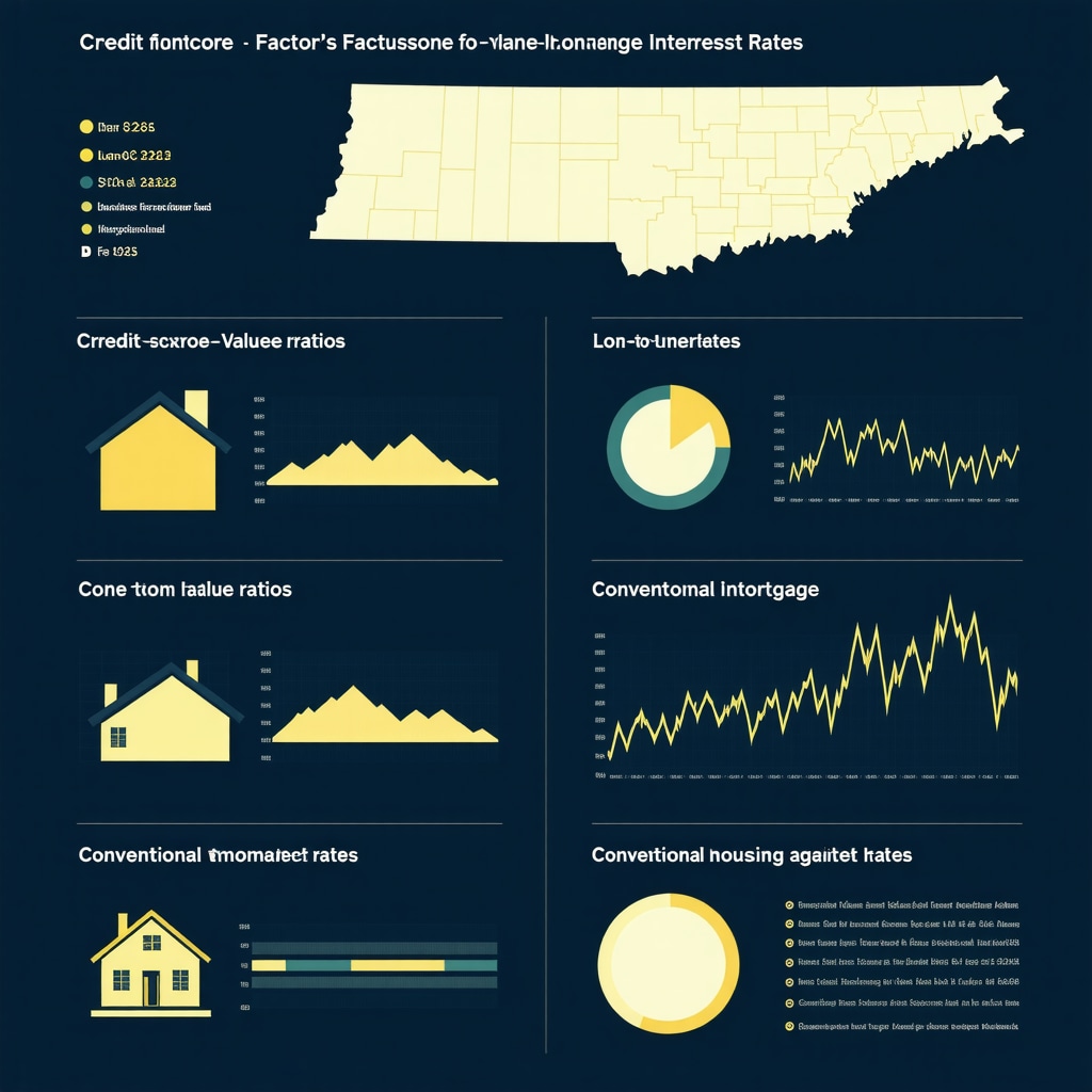 Infographic illustrating credit score factors, LTV ratios, and economic indicators impacting Tennessee conventional loan rates in 2025