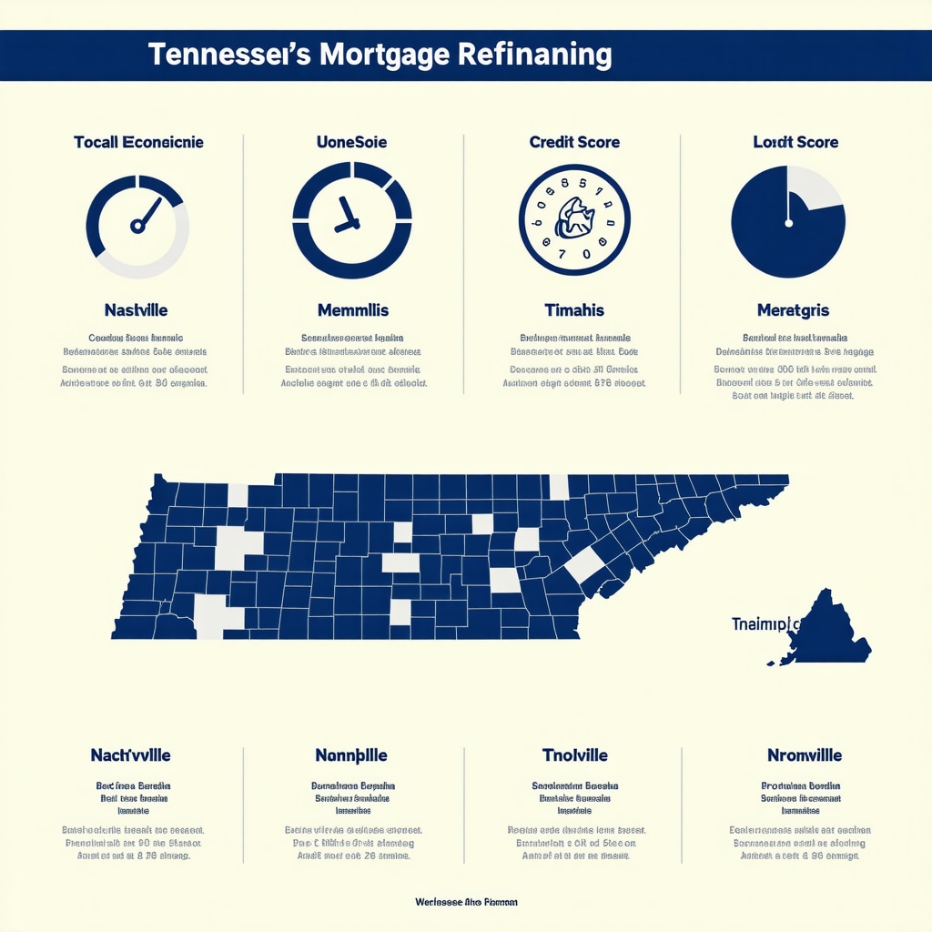 Infographic showing Tennessee refinancing factors with regional economic data and credit score tips