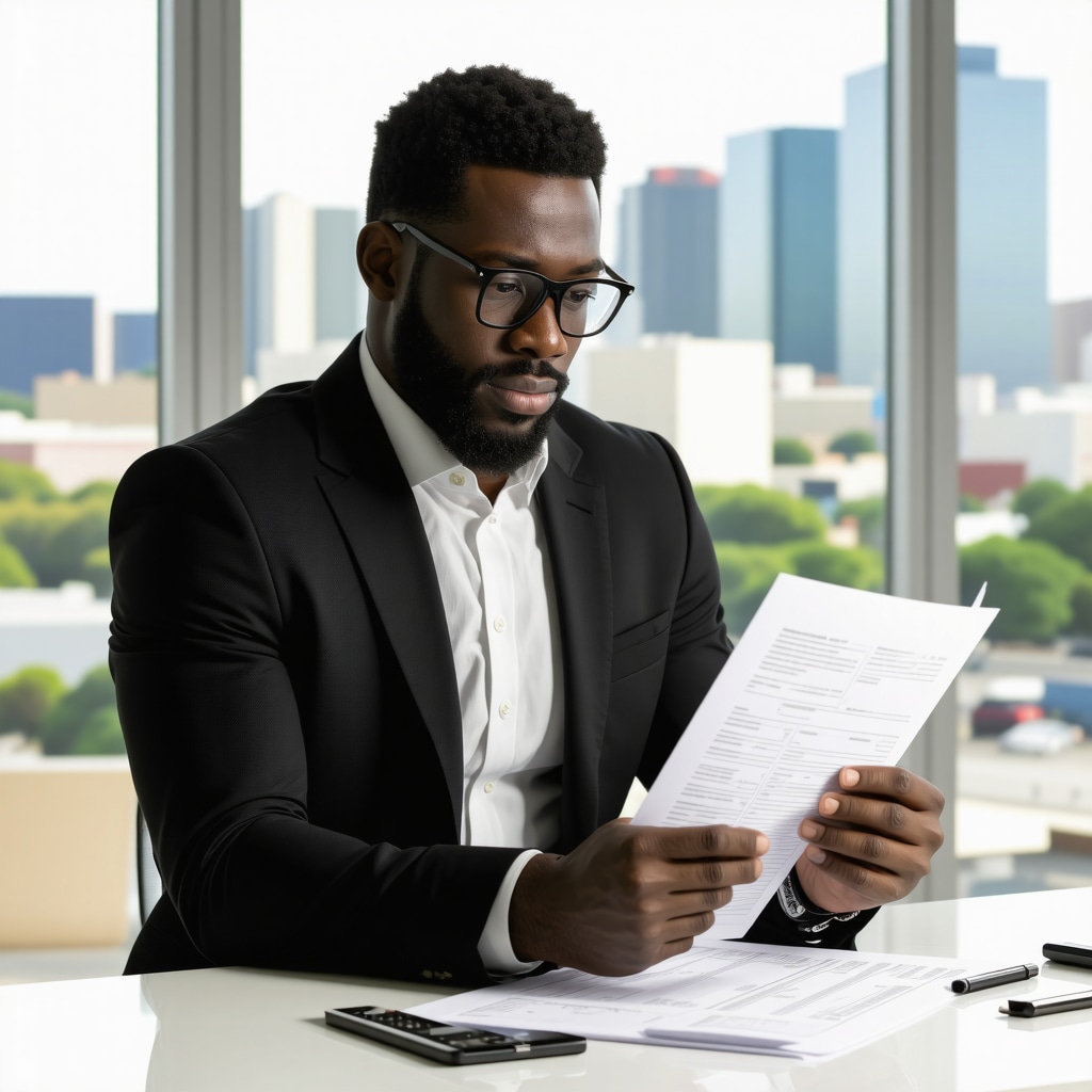 Investor reviewing mortgage documents with Tennessee cityscape in background