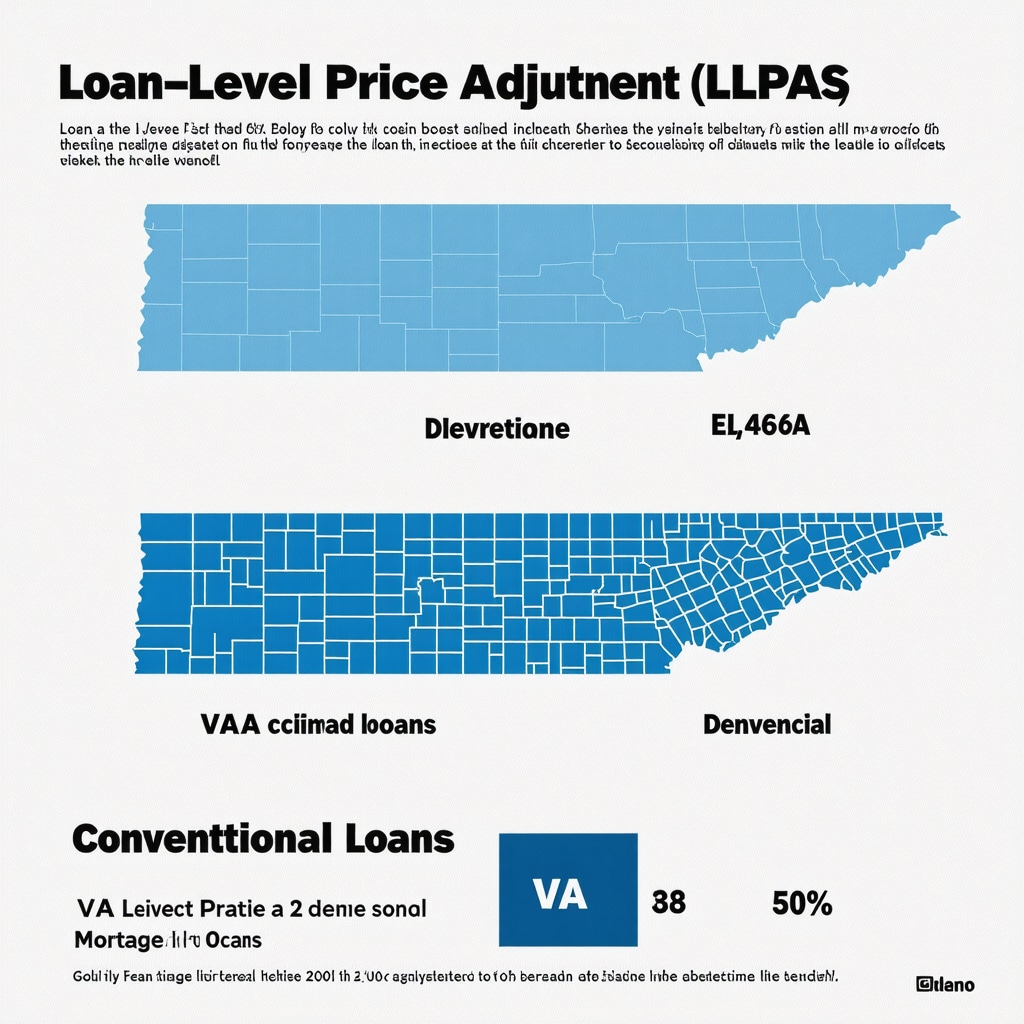 Infographic showing Loan-Level Price Adjustments differences between VA and conventional loans with a Tennessee map background