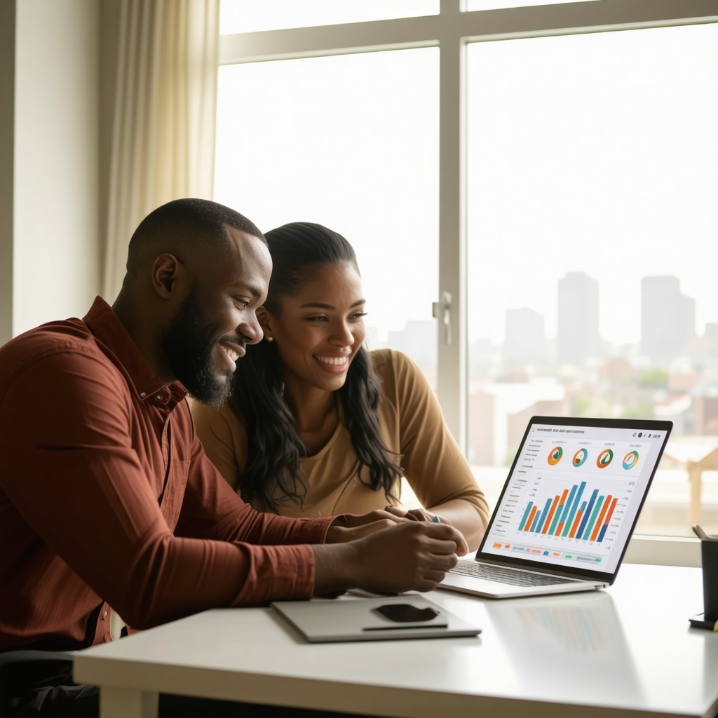 Memphis mortgage broker assisting a couple with loan options using a laptop, with Memphis skyline visible