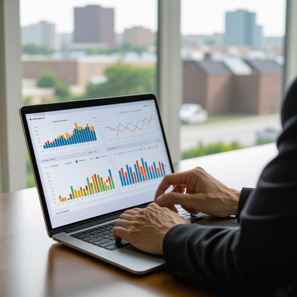 Memphis mortgage broker reviewing predictive analytics and local market data on laptop with Memphis city background
