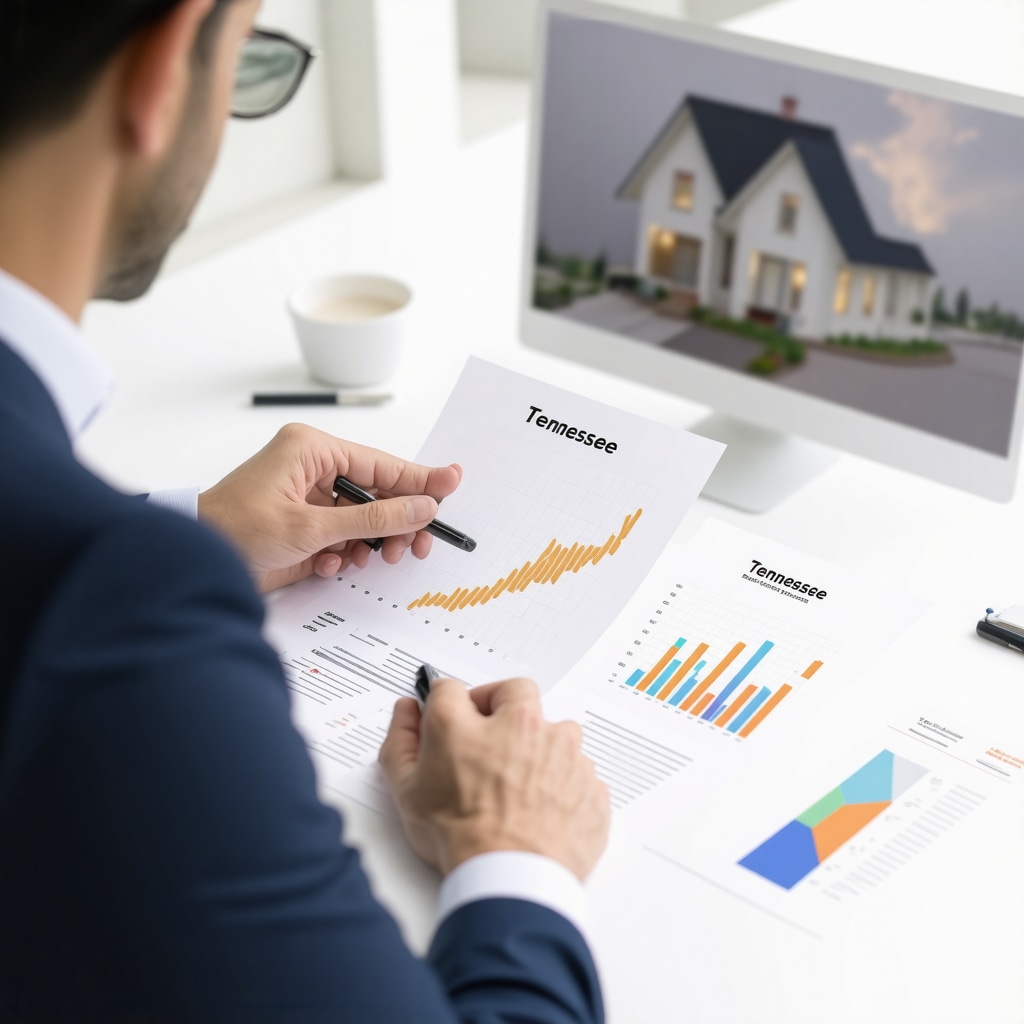 Mortgage broker showing financial documents and flood zone maps to Tennessee homebuyer during mortgage preapproval consultation