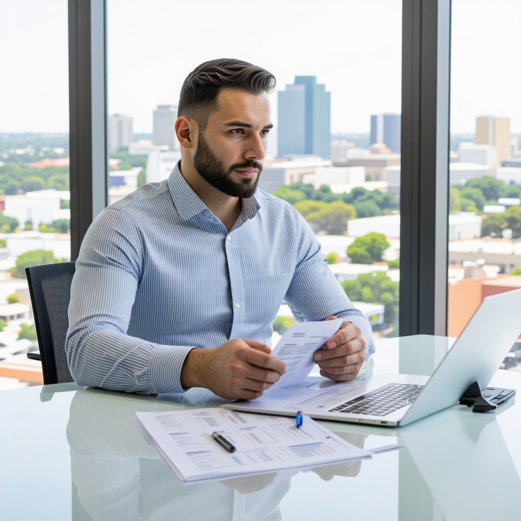 Mortgage broker reviewing loan documents with Tennessee city skyline visible through window, representing expert negotiation and data-driven strategies