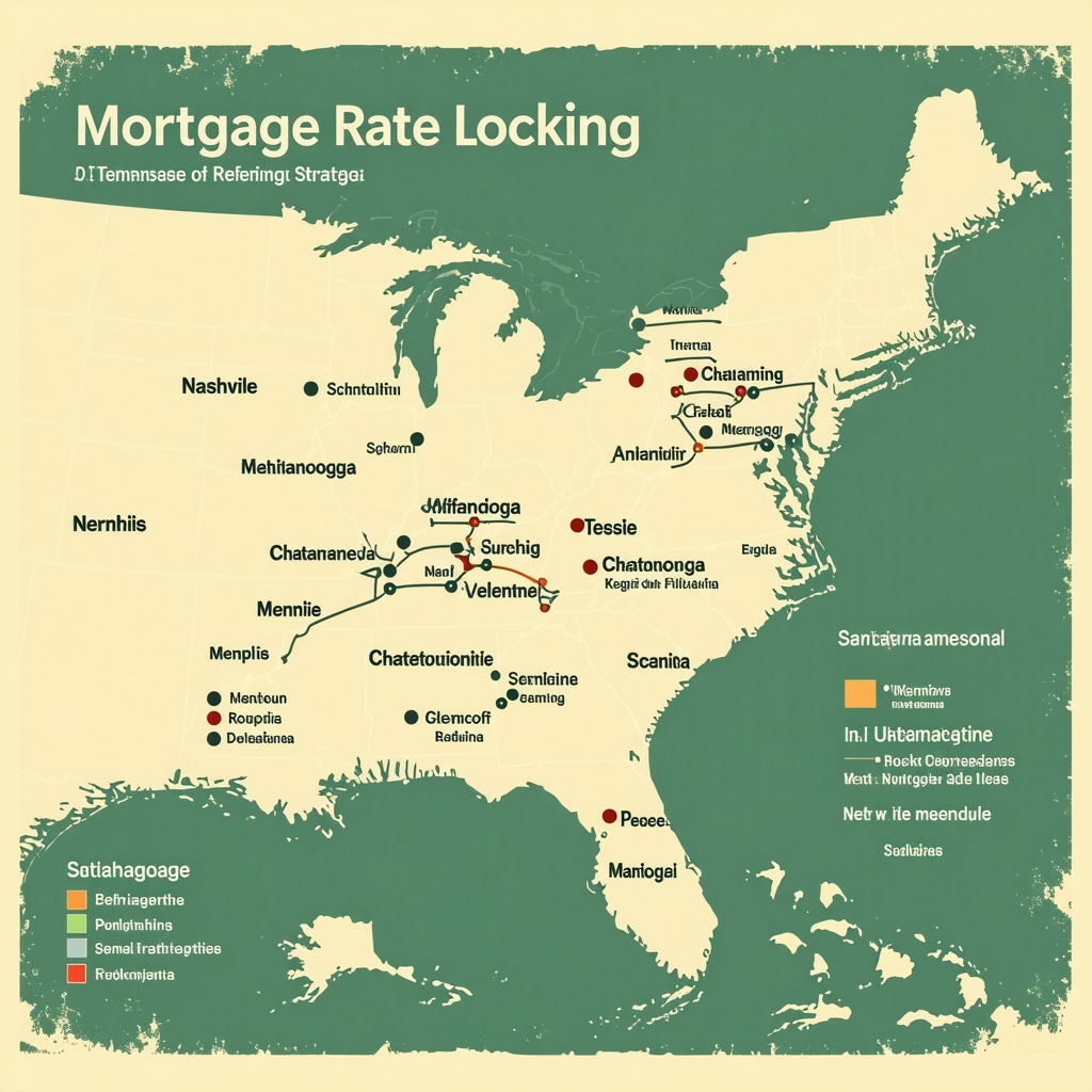 Infographic showing mortgage rate lock timing, refinancing options, and risk management with Tennessee state map