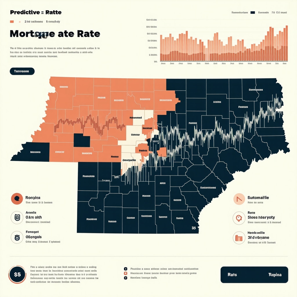 Digital dashboard showing predictive mortgage rate analytics for Tennessee with city highlights and economic graphs