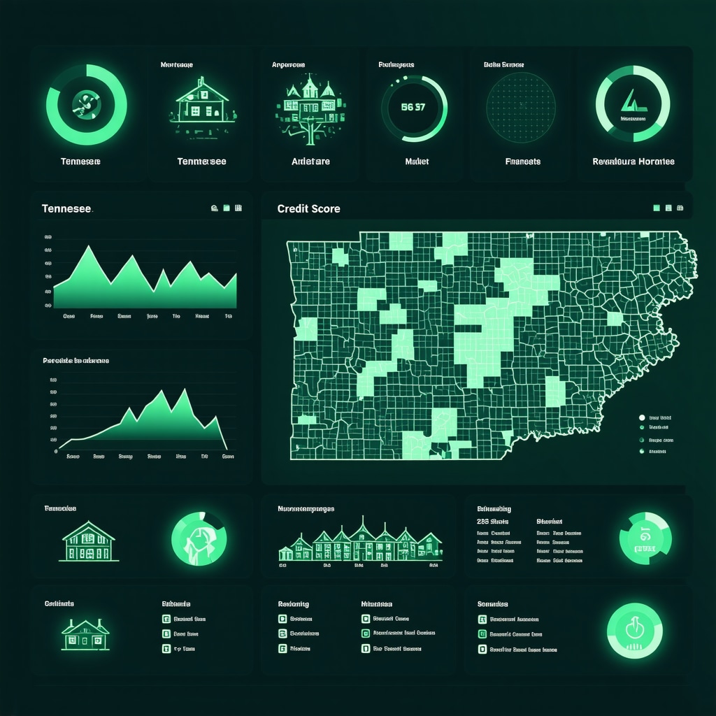Digital dashboard showing mortgage predictive analytics, credit trends, and neighborhood revitalization maps for Tennessee