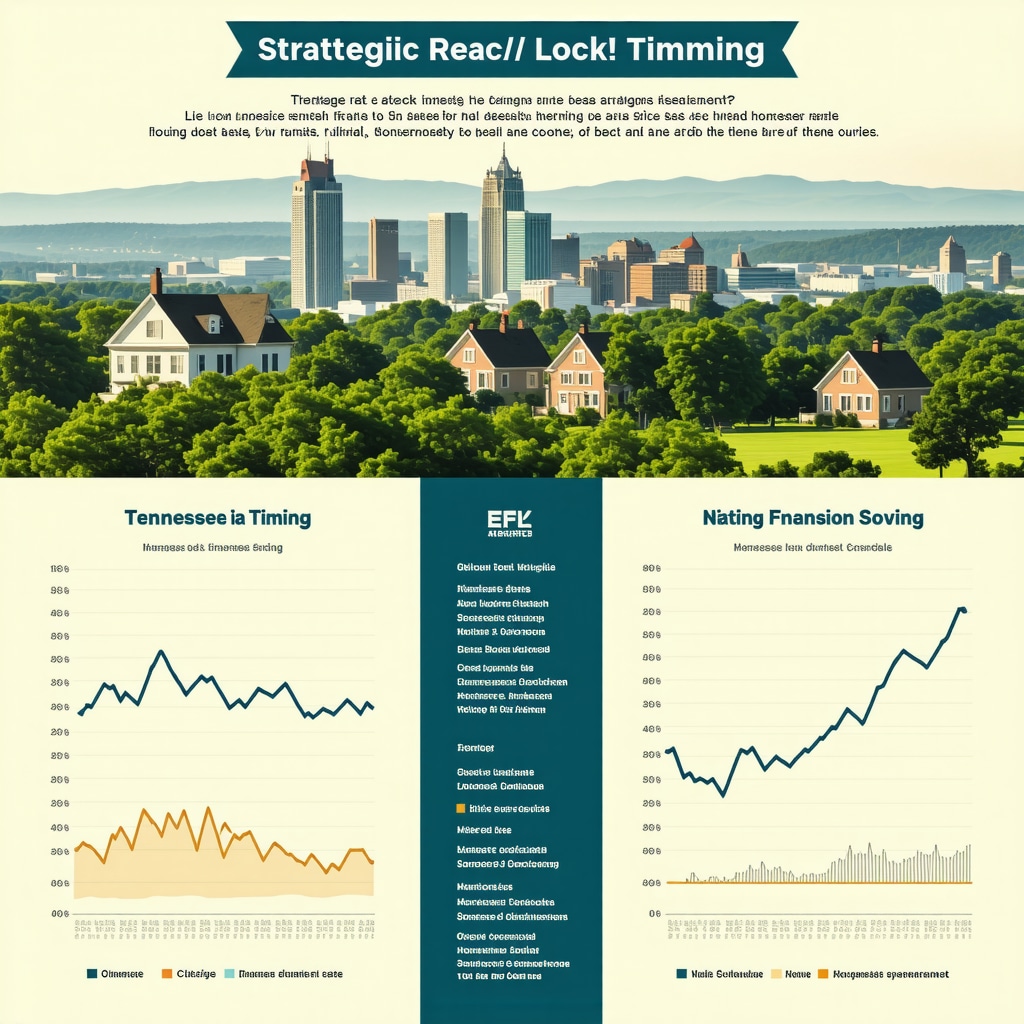 Infographic showing mortgage rate lock timing and refinancing strategies with Tennessee landmarks