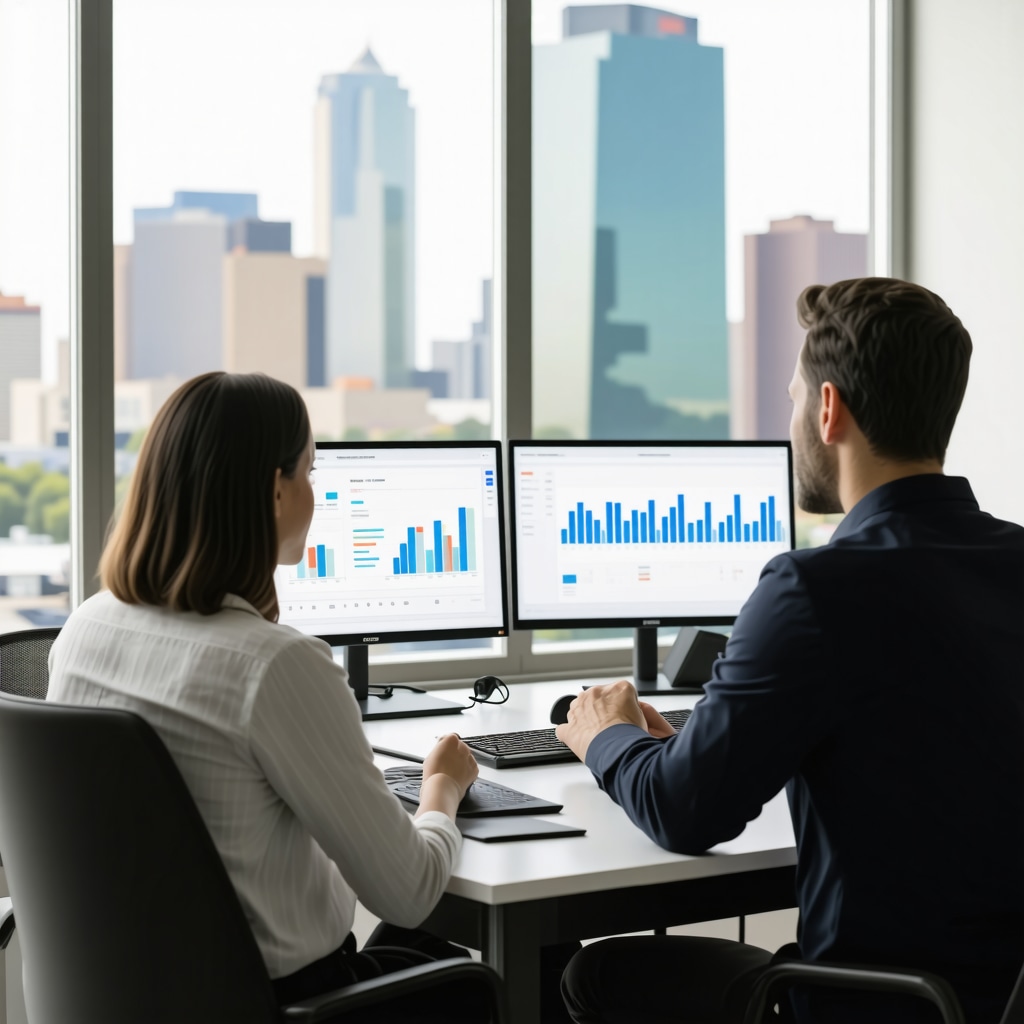 Memphis mortgage broker using advanced analytics technology consulting with clients in an office overlooking Memphis skyline