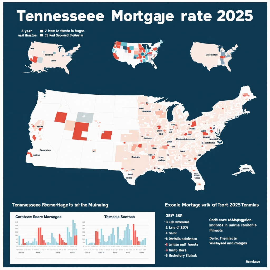 Infographic showing Tennessee mortgage rate trends, economic indicators, and credit score impact for 15-year mortgages in 2025