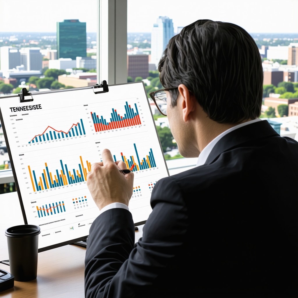 Tennessee homebuyer reviewing adjustable mortgage rate graphs with Nashville and Memphis skylines