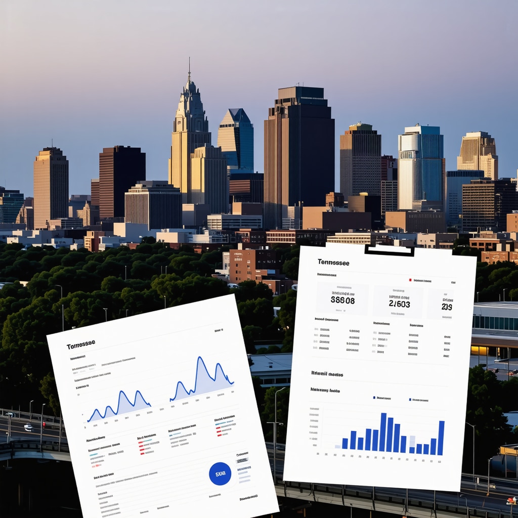 Composite image of Tennessee skylines, mortgage paperwork, and financial data visuals related to investment property financing