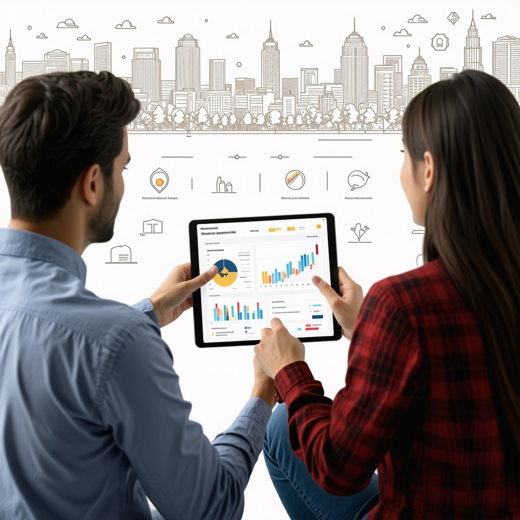 Mortgage advisor demonstrating AI-driven mortgage rate forecasting tools to a couple with Tennessee city landmarks in the background