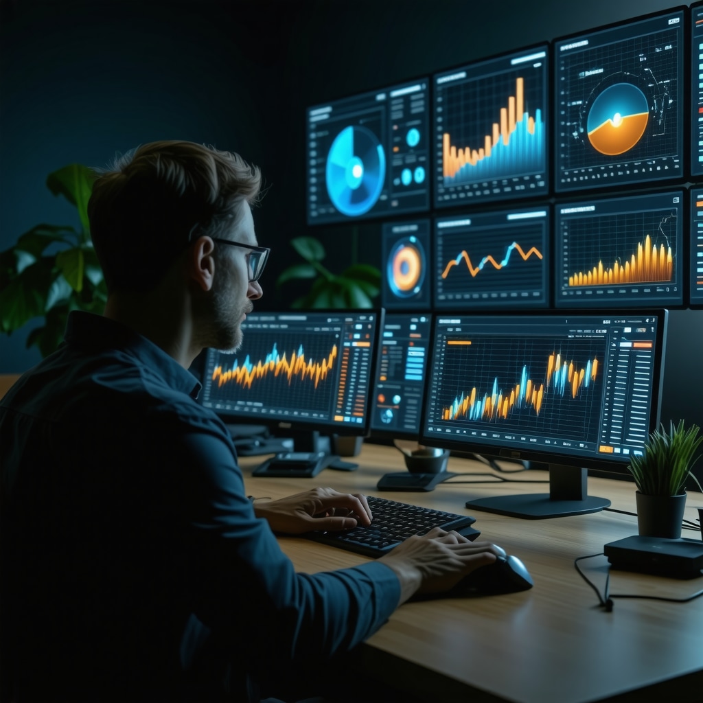 Mortgage broker in Tennessee using AI and blockchain technology with digital data analytics on screens