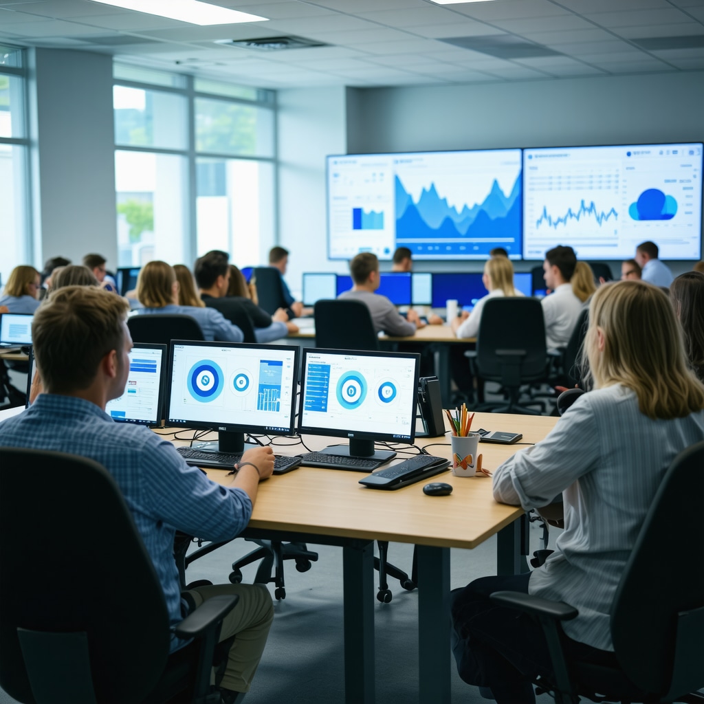 Tennessee mortgage brokers using AI analytics and blockchain technology in a modern office setting