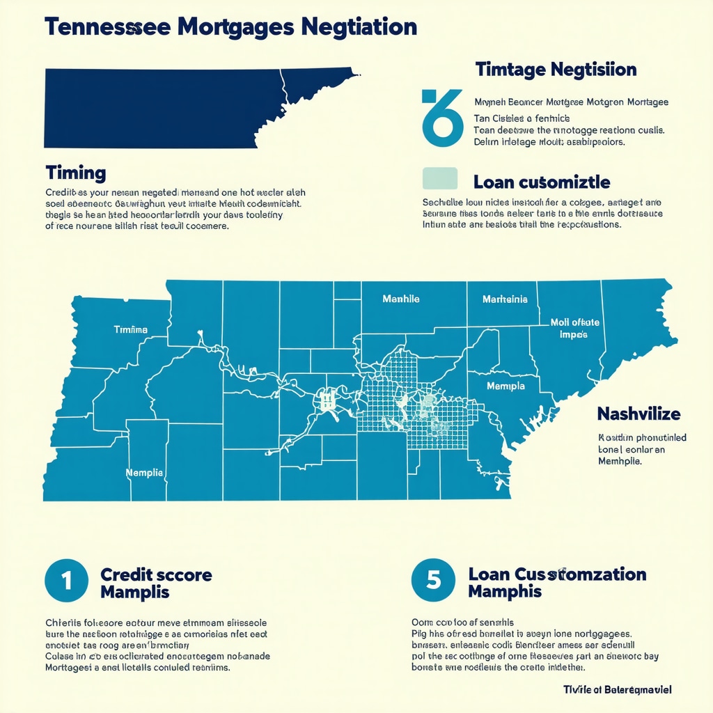 Infographic illustrating expert mortgage negotiation strategies for Tennessee homebuyers, highlighting credit scores, timing, and loan options.