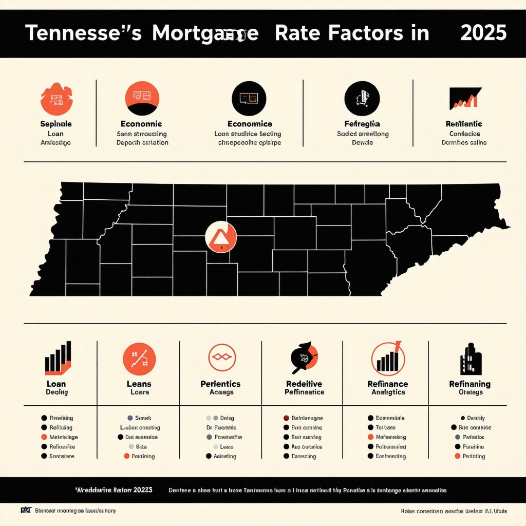 Infographic showing economic sectors, loan types, refinancing tips, and predictive analytics influencing Tennessee mortgage rates in 2025