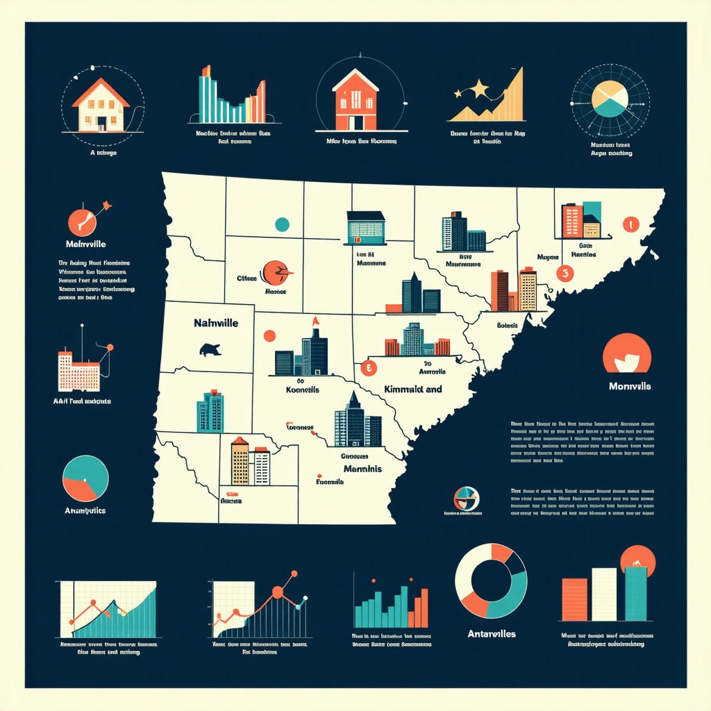 Infographic displaying Tennessee map with mortgage rate trends, AI analytics, and financial planning icons