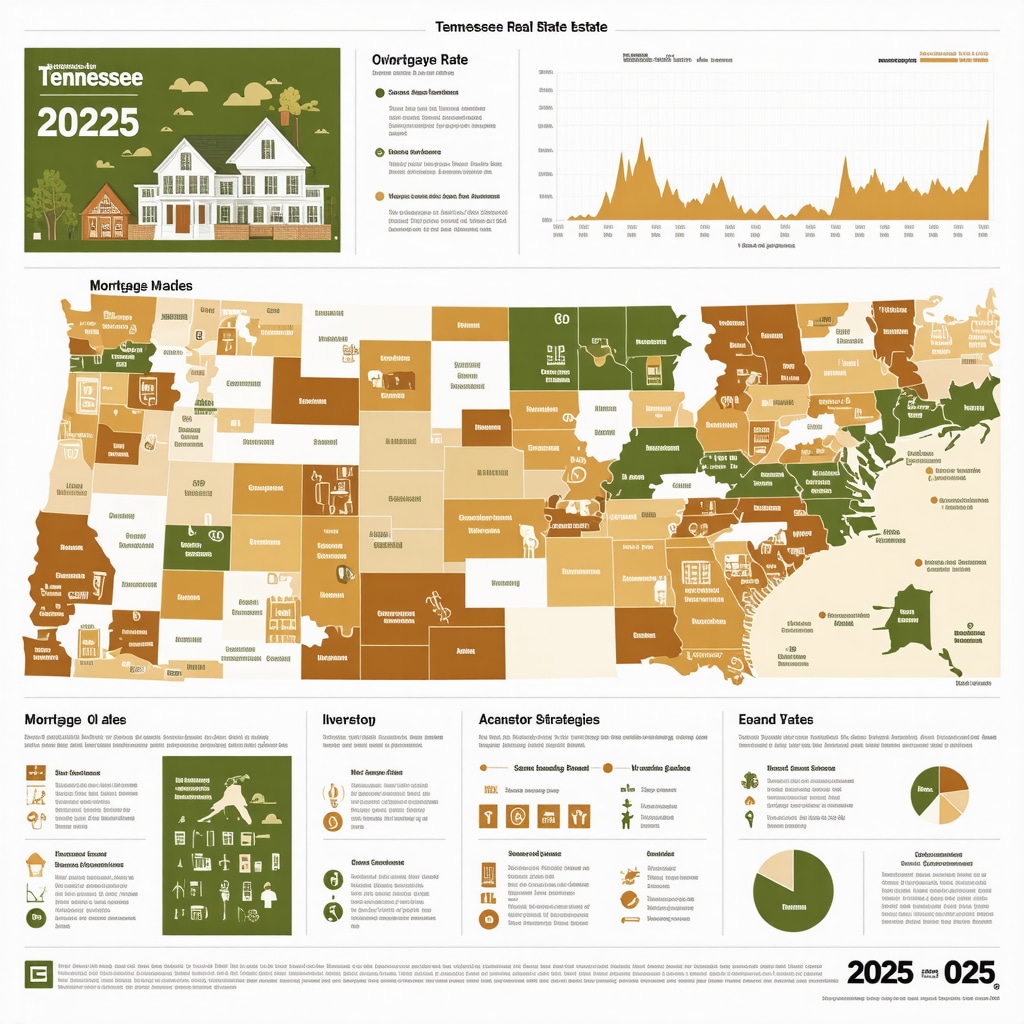 Infographic showing Tennessee real estate markets, mortgage rates, and investment strategies for 2025