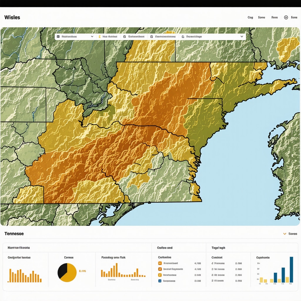 Digital dashboard showing AI-powered mortgage risk analysis and environmental hazard mapping for Tennessee real estate investments