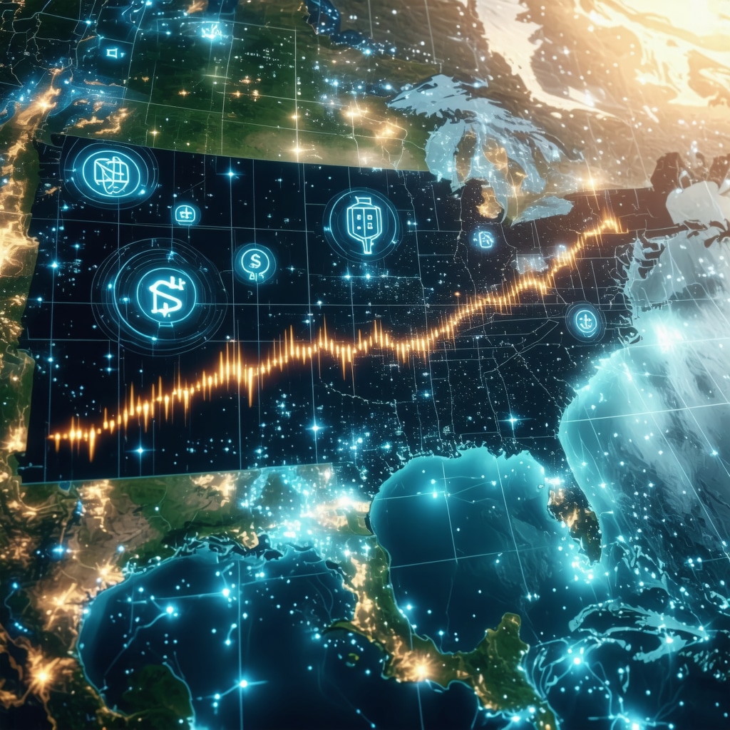 Digital dashboard showing mortgage analytics and blockchain technology over Tennessee map