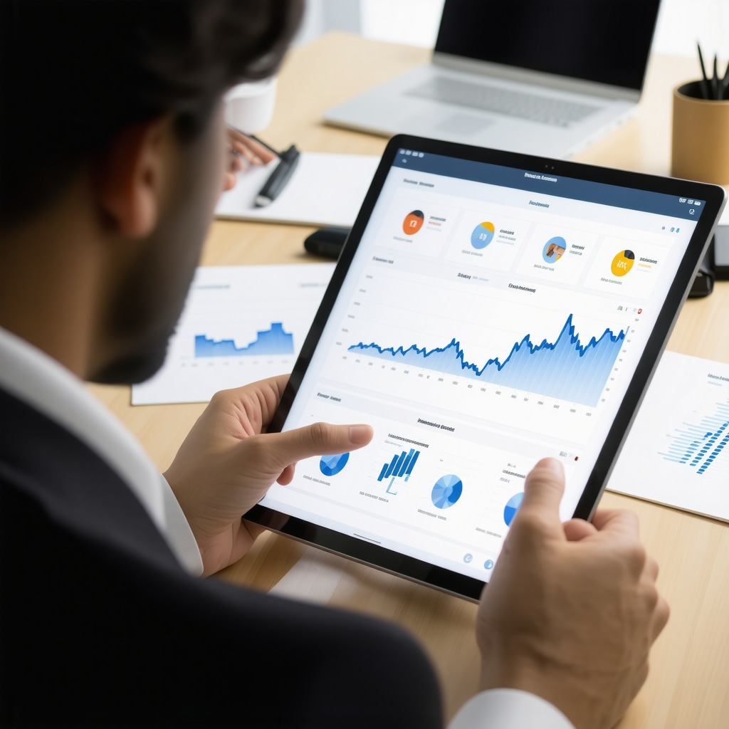 Financial analyst studying Tennessee market trends on a tablet with charts and graphs.