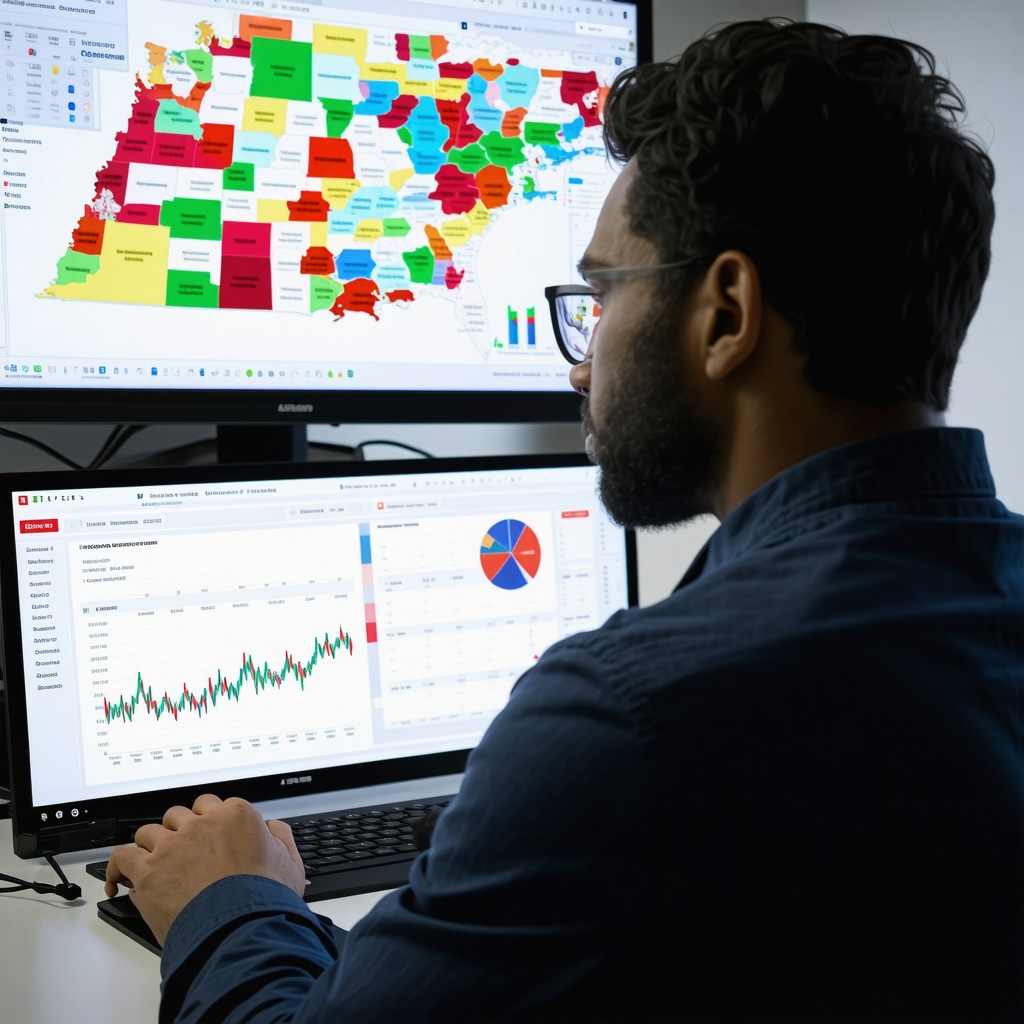 A professional examining mortgage rate graphs and Tennessee regional economic data on multiple screens.
