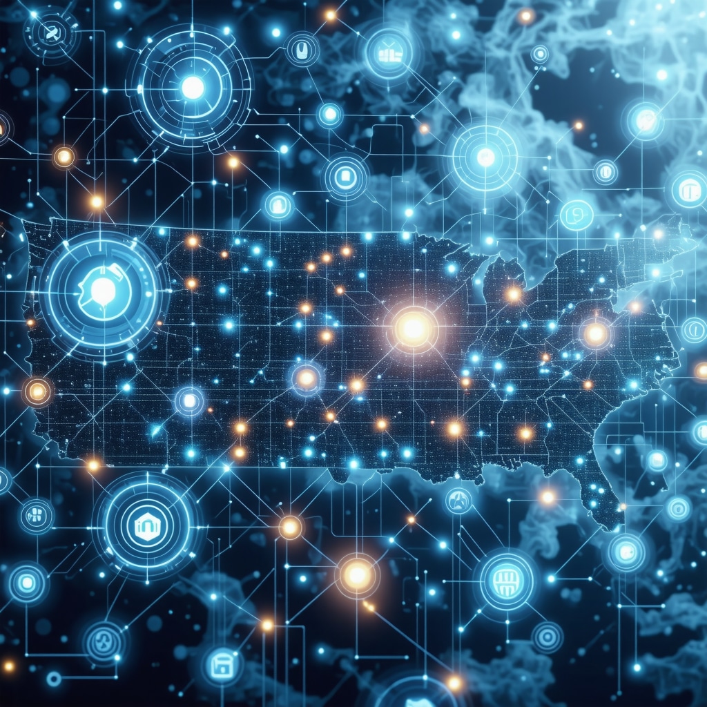Digital blockchain network with Tennessee real estate map illustrating smart contract integration in mortgage financing