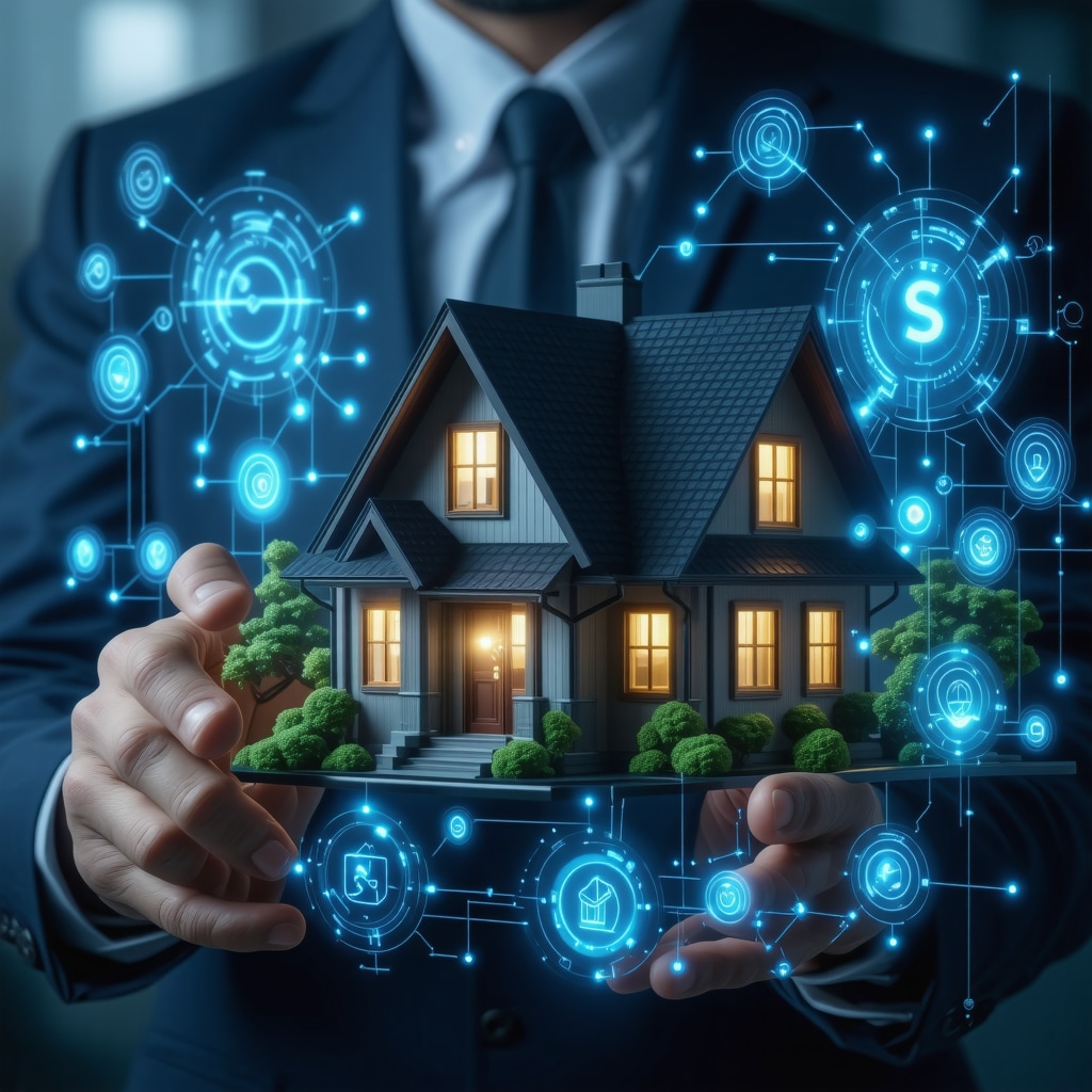 Illustration of a digital mortgage platform showcasing AI and blockchain features