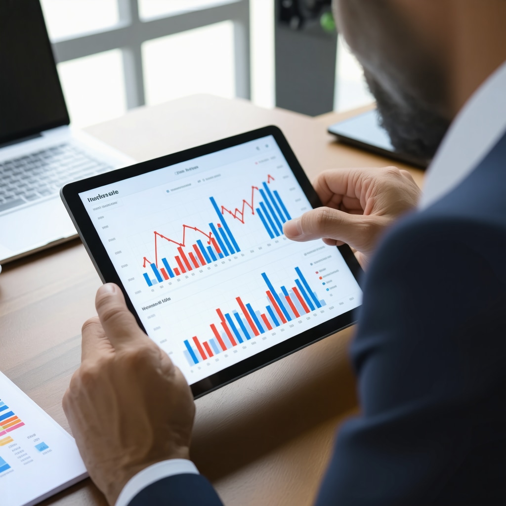 Financial advisor studying mortgage rate charts and economic data on a tablet, representing advanced market analysis.
