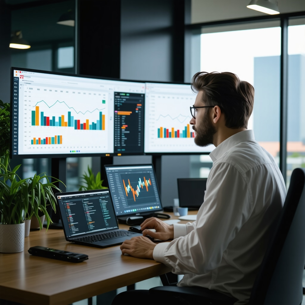 Financial analyst analyzing mortgage rate data on digital screens in a Tennessee office