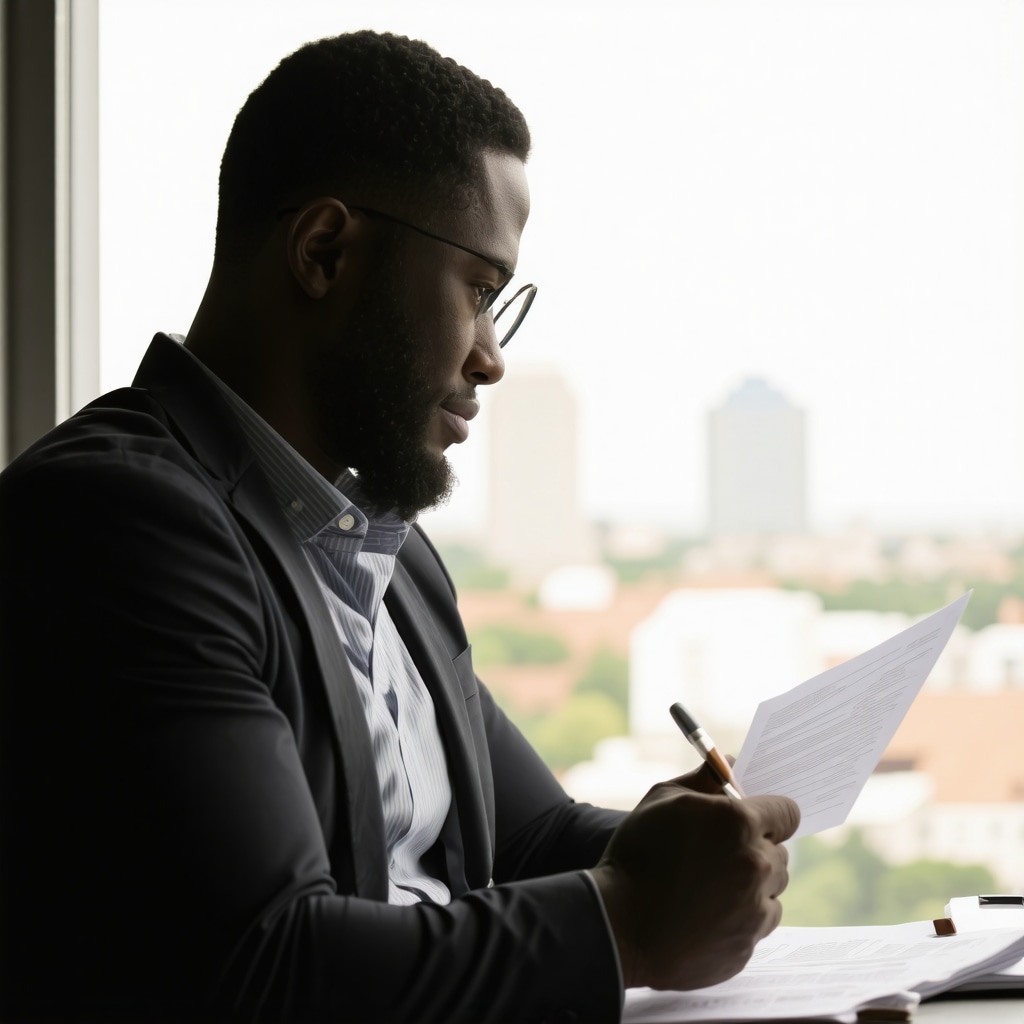 Investor analyzing mortgage documents with Tennessee skyline