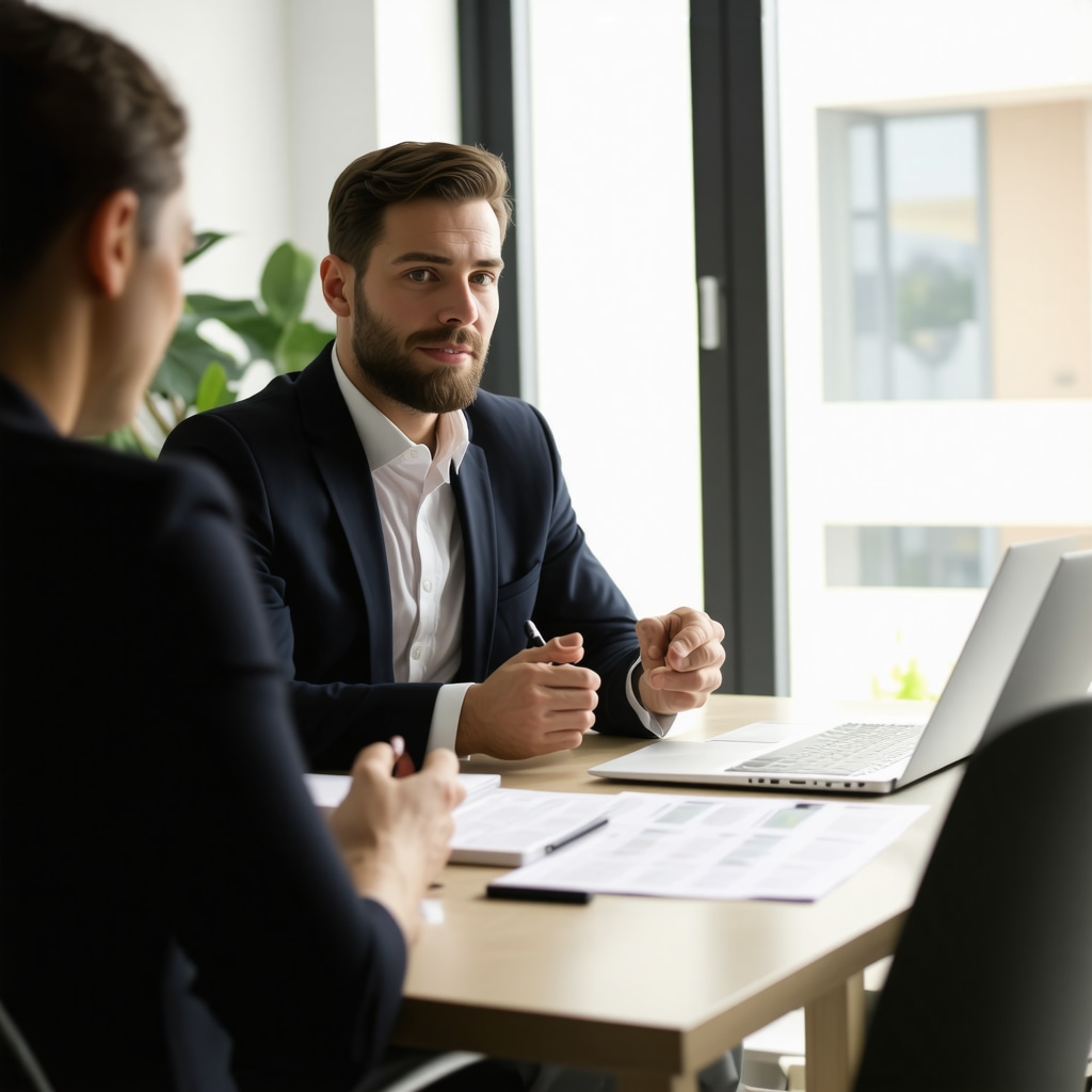 A financial advisor explaining mortgage strategies to a couple in an office.