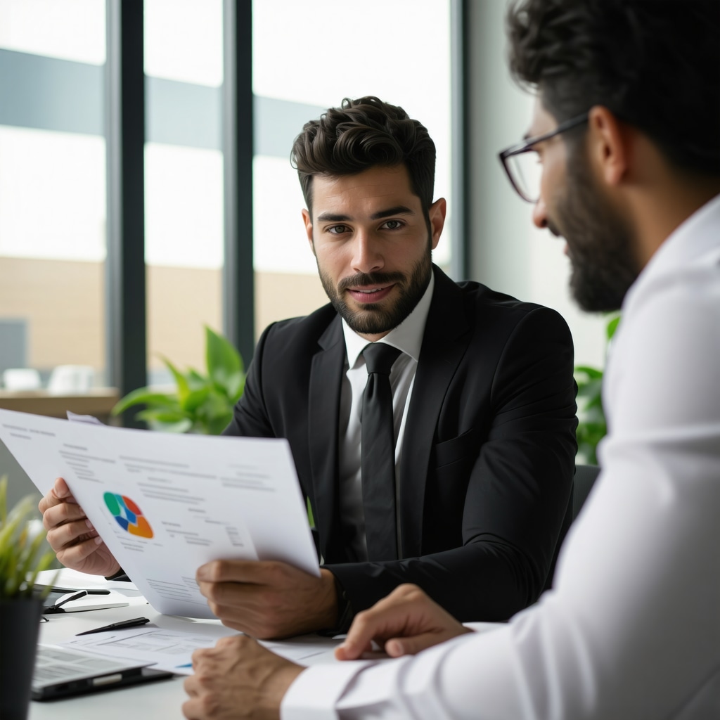 Financial advisor and client discussing credit reports in office.