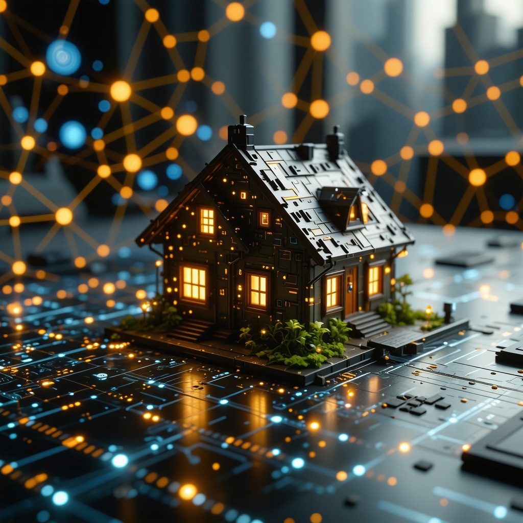 Futuristic digital interface showing mortgage analytics and blockchain security