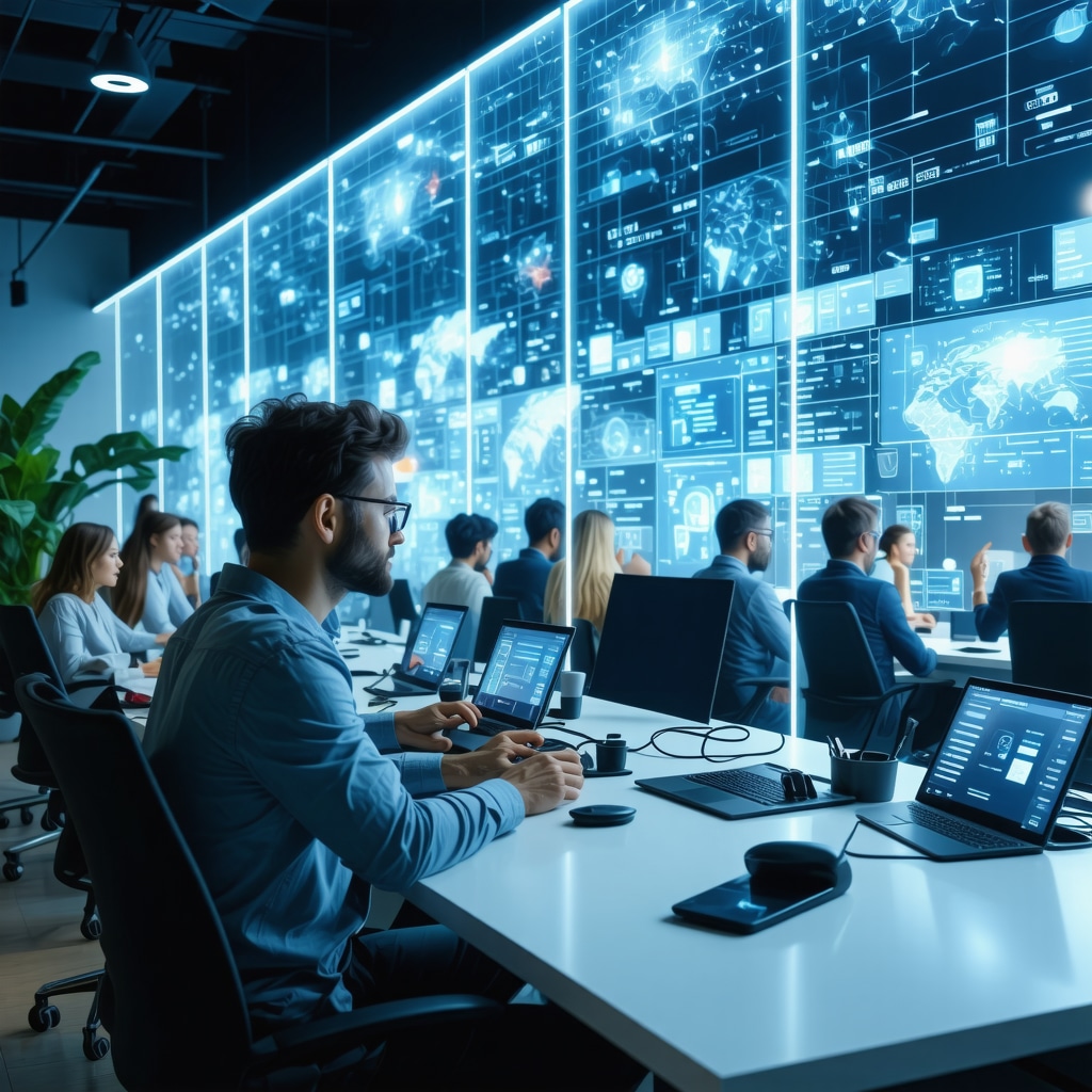 High-tech mortgage brokerage office in Tennessee featuring AI data analytics and blockchain technology