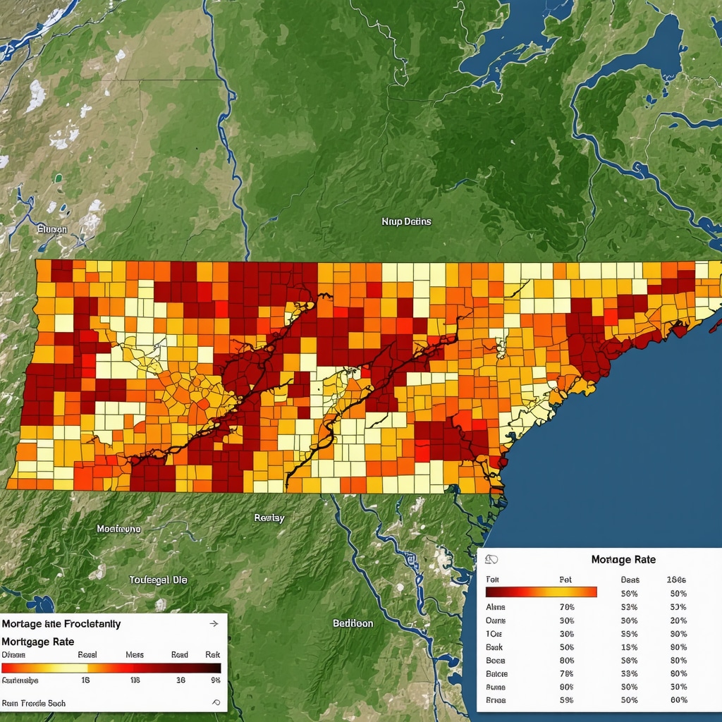 Digital geospatial map showing mortgage rate fluctuations and economic data across Tennessee urban and rural areas