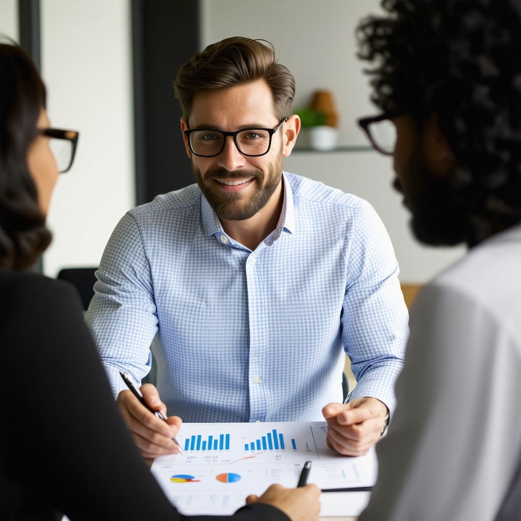 A homeowner analyzing mortgage rate charts and credit scores with a financial advisor.