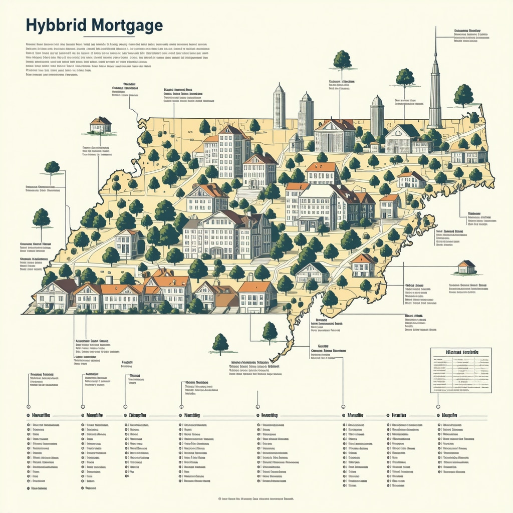 Infographic showing hybrid mortgage fixed and adjustable periods with caps, set against a Tennessee map highlighting key housing markets
