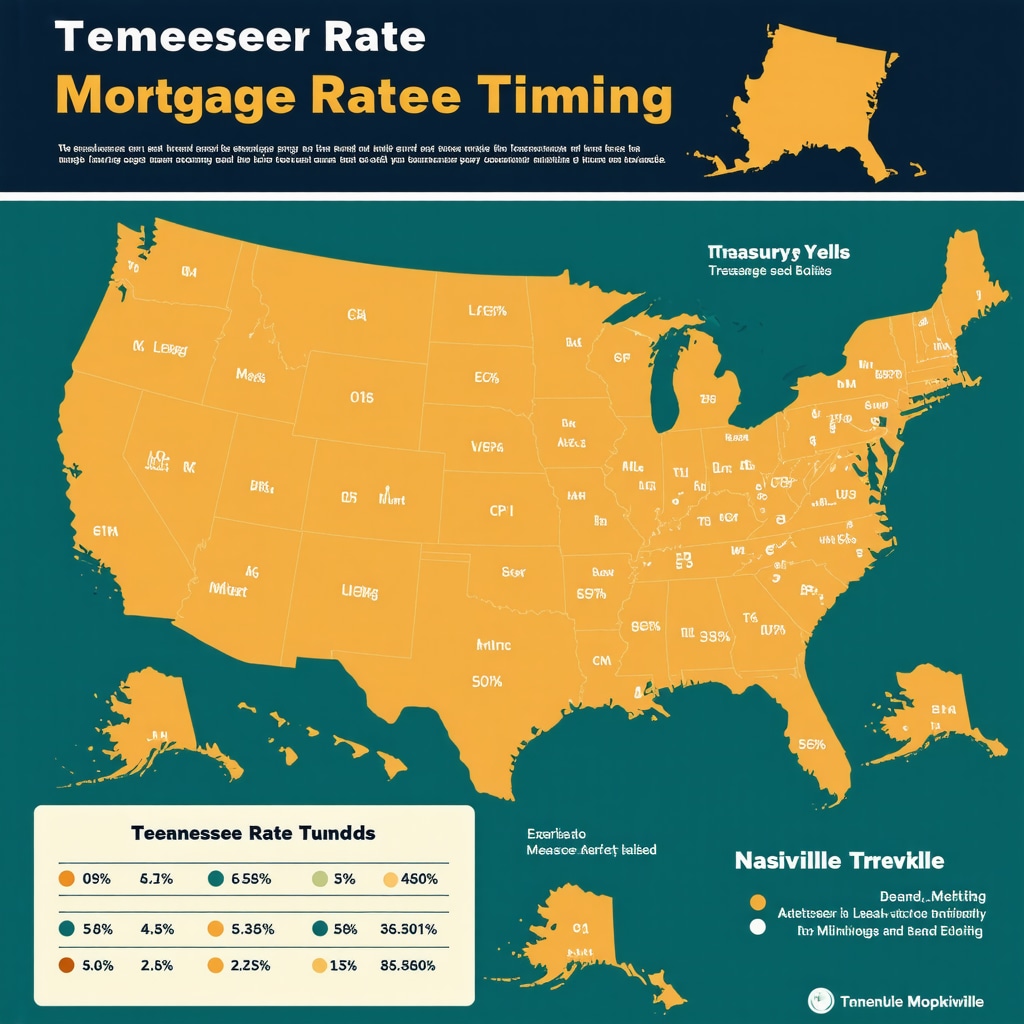 Infographic showing economic indicators and Tennessee map with Memphis, Nashville, Knoxville for mortgage rate timing