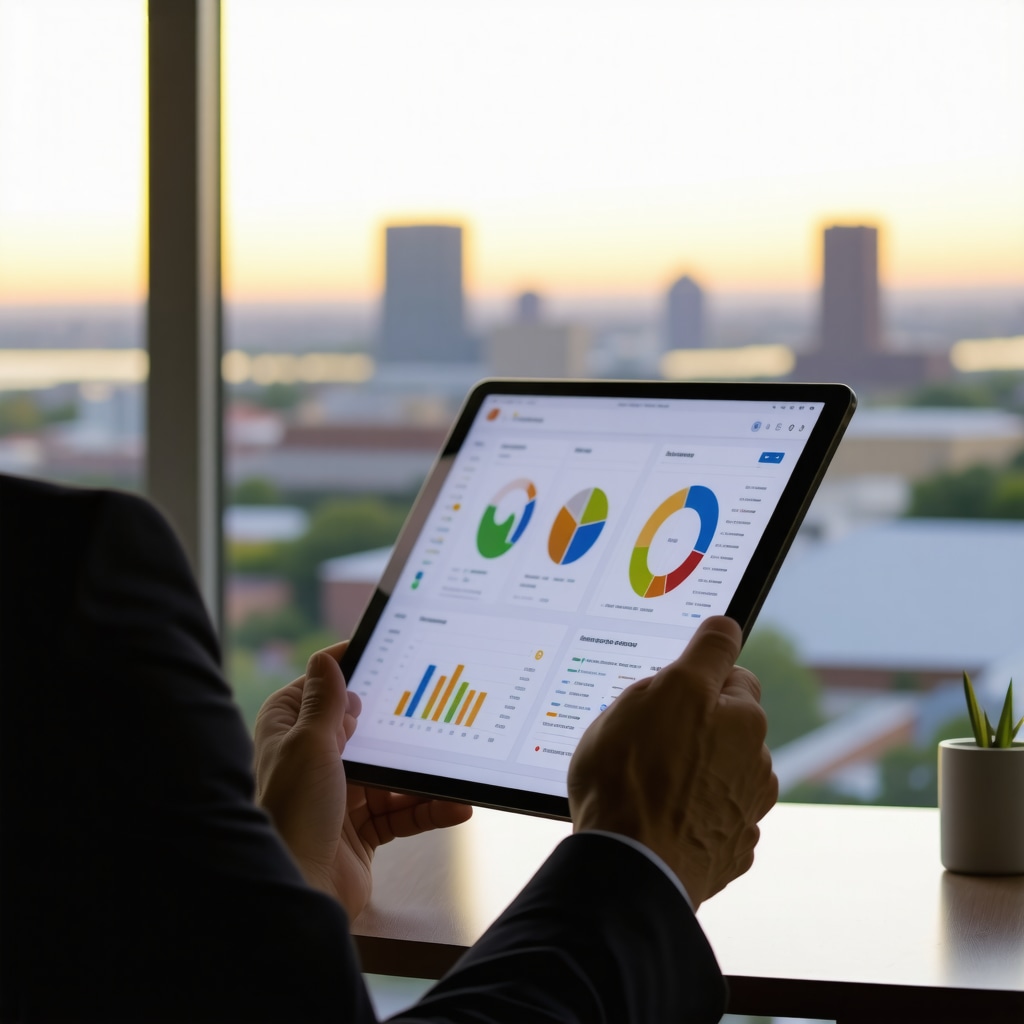 Memphis mortgage broker analyzing data on a digital tablet with Memphis skyline background