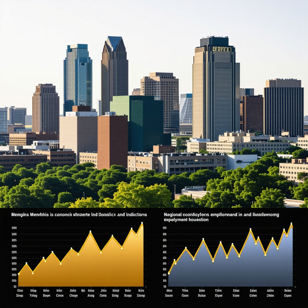 Skyline of Memphis and Nashville with economic trend graphs