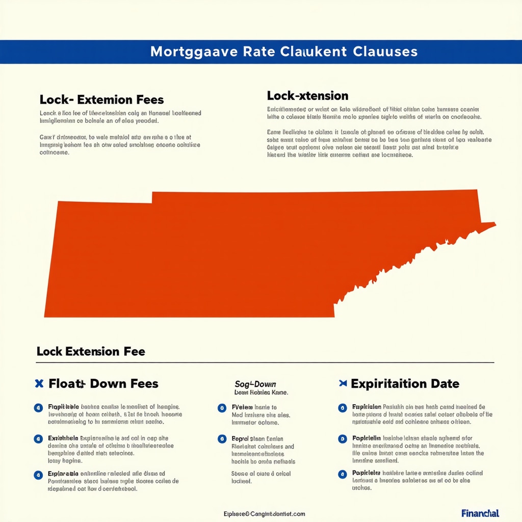 Infographic detailing mortgage rate lock clauses such as extension fees and float-down options with Tennessee state outline