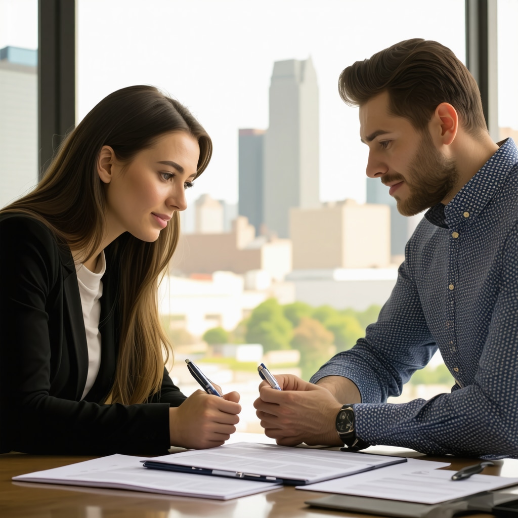 Homebuyer consulting with mortgage broker in Tennessee with city skyline view.